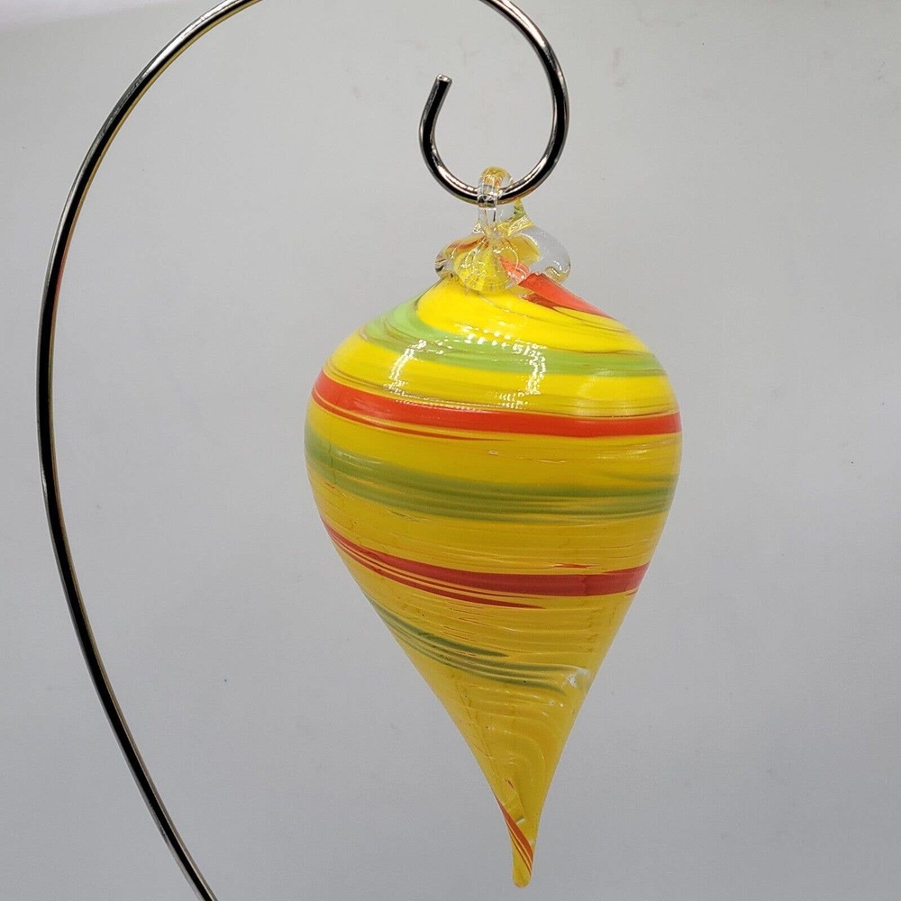 Blown Art Glass Teardrop Christmas Ornament Yellow Green Orange Twist Spun USA